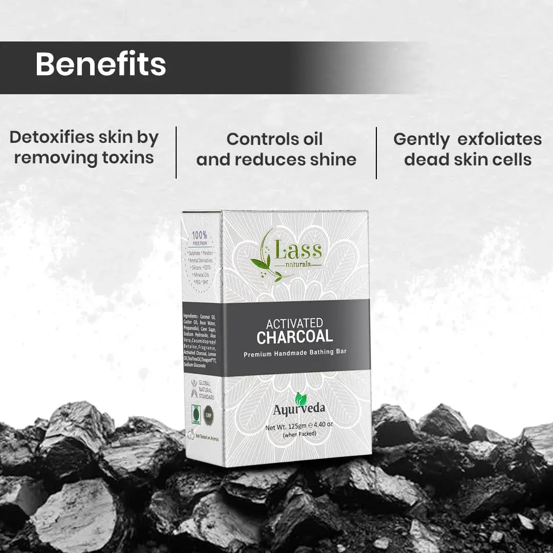 Lass Natural Activated Charcoal Handmade Bathing Bar 125 gm- Premium & Pure | Refreshing Aroma | Ideal for Skin Deep Cleansing and Nourishing