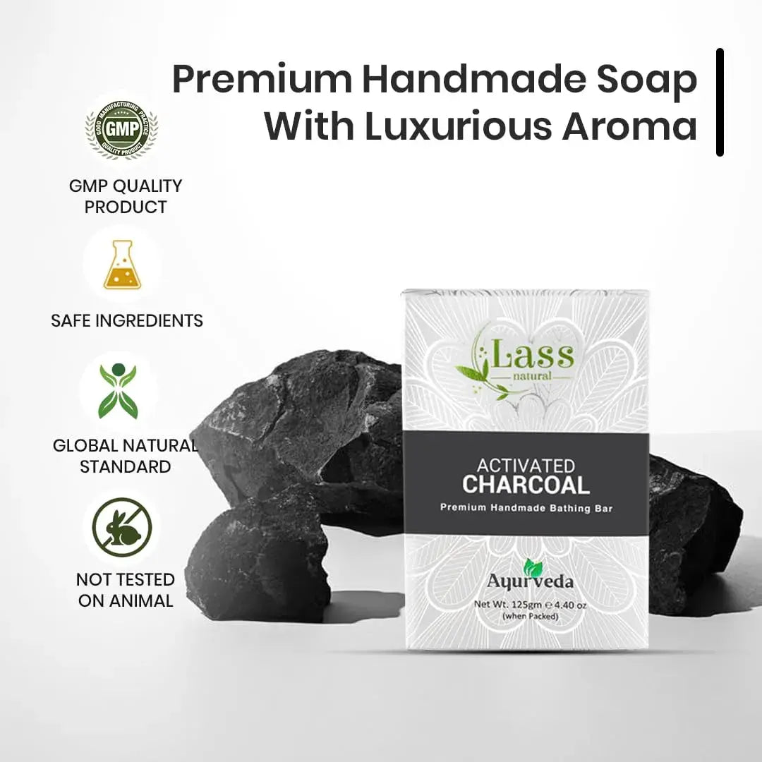 Lass Natural Activated Charcoal Handmade Bathing Bar 125 gm- Premium & Pure | Refreshing Aroma | Ideal for Skin Deep Cleansing and Nourishing