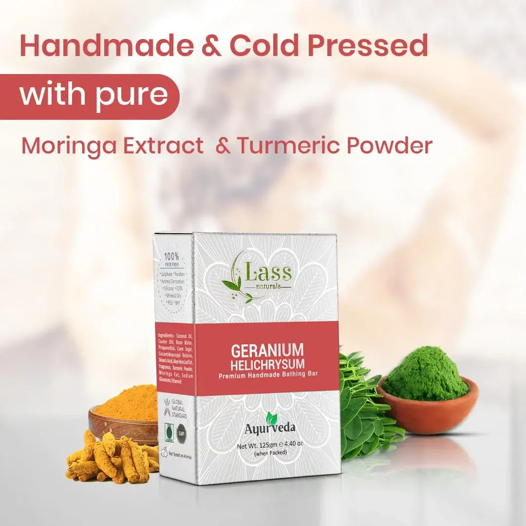 Lass Natural Geranium Helichrysum Handmade Bathing Bar Premium & Pure, Refreshing Aroma, Ideal for Skin Cleansing, Glowing and Nourishing - 125g