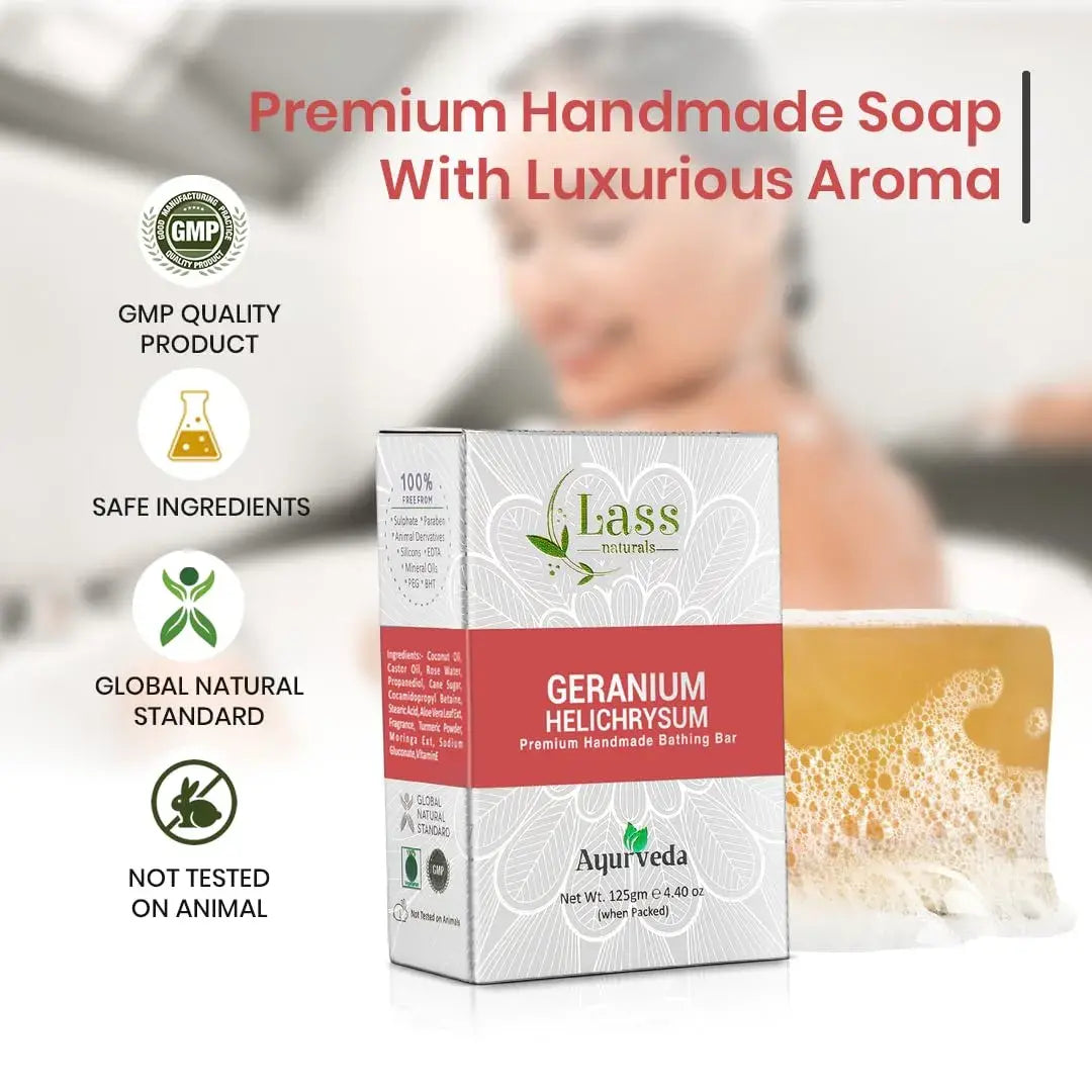 Lass Natural Geranium Helichrysum Handmade Bathing Bar Premium & Pure, Refreshing Aroma, Ideal for Skin Cleansing, Glowing and Nourishing - 125g