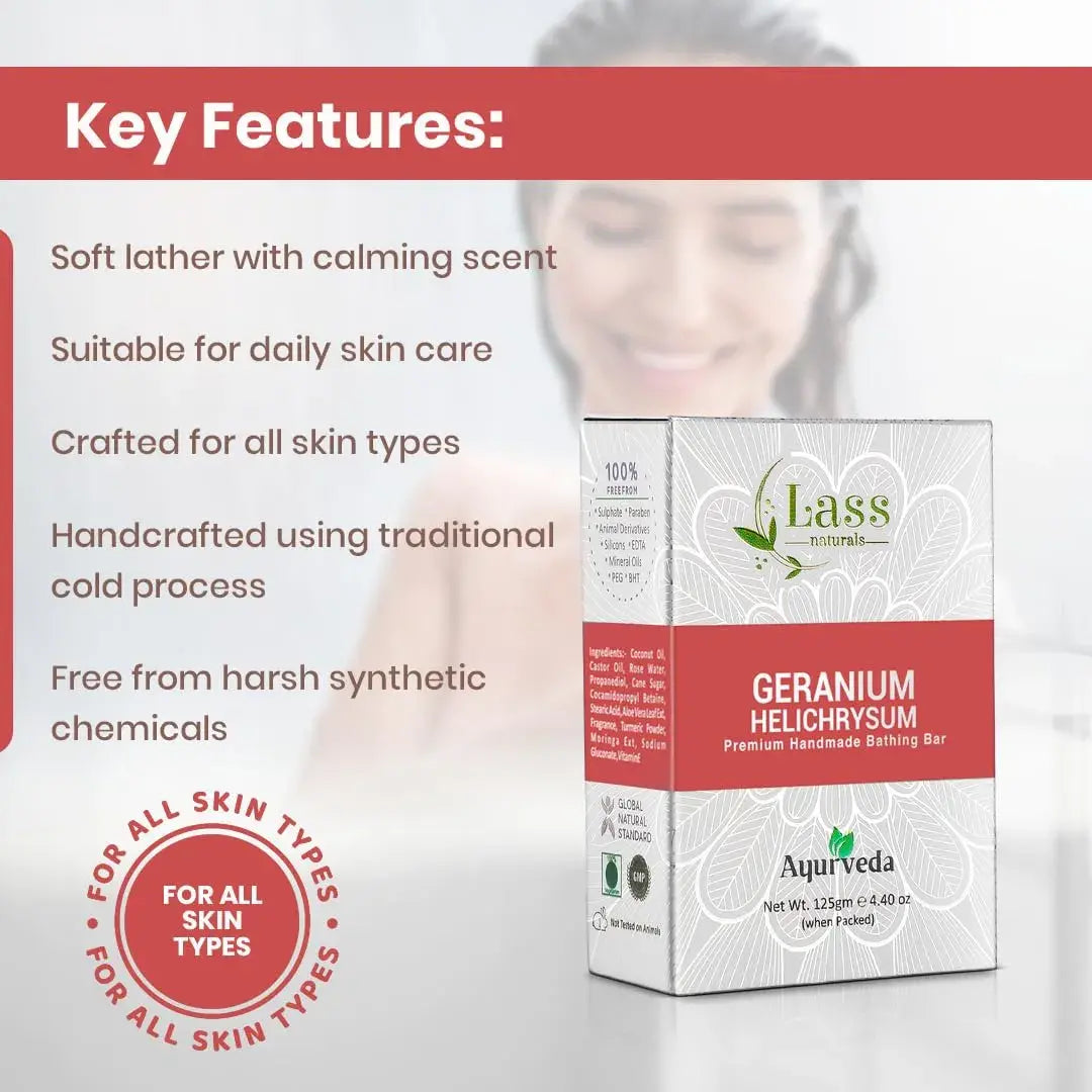 Lass Natural Geranium Helichrysum Handmade Bathing Bar Premium & Pure, Refreshing Aroma, Ideal for Skin Cleansing, Glowing and Nourishing - 125g