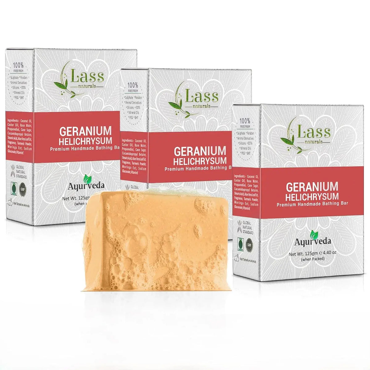 Lass Natural Geranium Helichrysum Handmade Bathing Bar Premium & Pure, Refreshing Aroma, Ideal for Skin Cleansing, Glowing and Nourishing - 125g