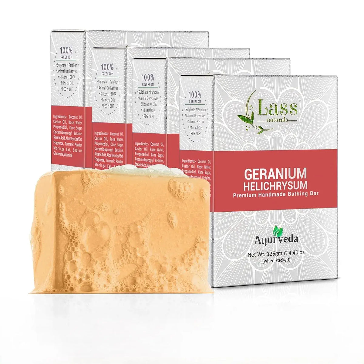 Lass Natural Geranium Helichrysum Handmade Bathing Bar Premium & Pure, Refreshing Aroma, Ideal for Skin Cleansing, Glowing and Nourishing - 125g