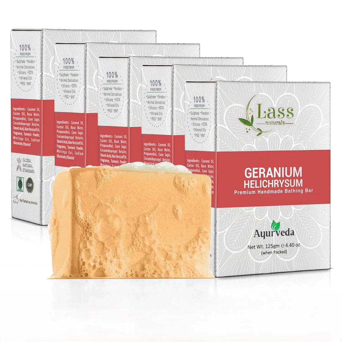 Lass Natural Geranium Helichrysum Handmade Bathing Bar Premium & Pure, Refreshing Aroma, Ideal for Skin Cleansing, Glowing and Nourishing - 125g
