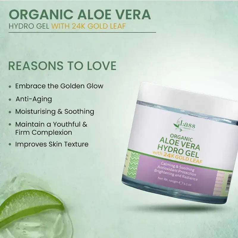 24K Gold Leaf Organic Aloe Vera Gel for Brightening & Deep Hydration – Face, Body & Hair (100 g)