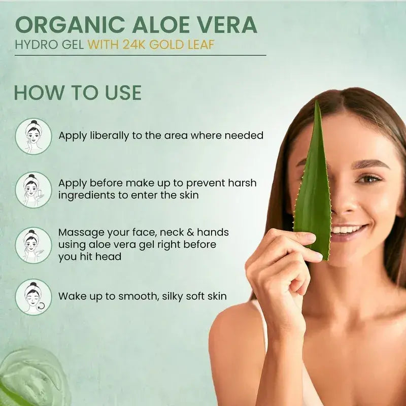 24K Gold Leaf Organic Aloe Vera Gel for Brightening & Deep Hydration – Face, Body & Hair (100 g)