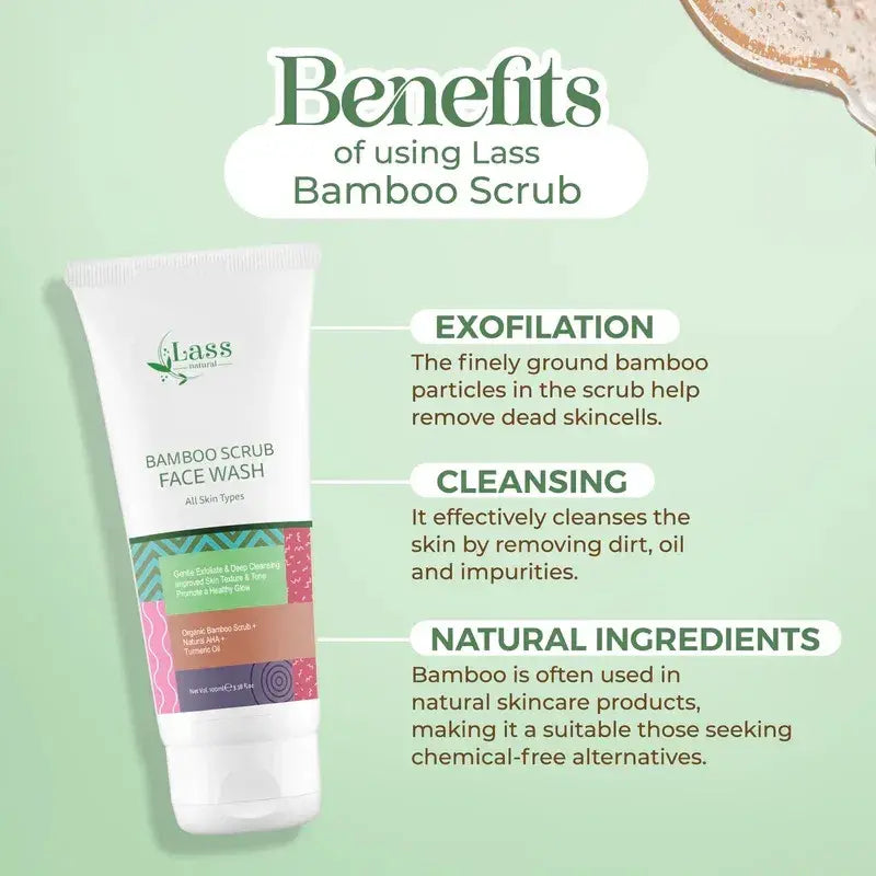 Lass Natural Bamboo Scrub Face Wash - All Skin Types, Gentle Exfoliation, Deep Cleansing, Improved Skin Texture & Tone, Organic Bamboo Scrub, Natural AHA, Turmeric Oil-100ML