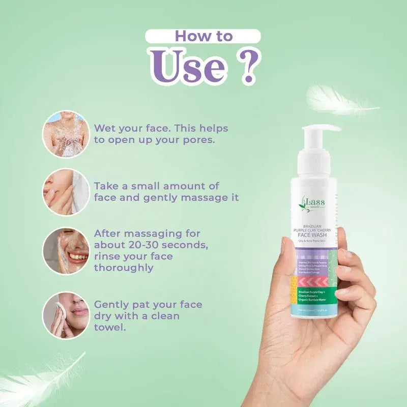 Lass Natural Brazilian Purple Clay & Cherry Face Wash for Oily & Acne-Prone Skin - Detoxifying & Brightening -100ML