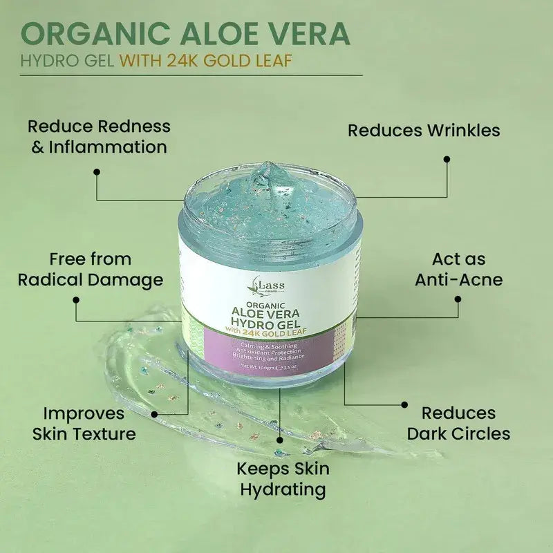 24K Gold Leaf Organic Aloe Vera Gel for Brightening & Deep Hydration – Face, Body & Hair (100 g)