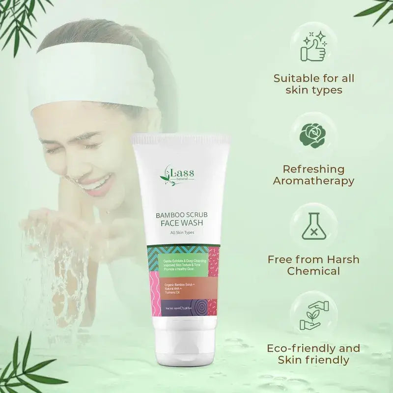 Lass Natural Bamboo Scrub Face Wash - All Skin Types, Gentle Exfoliation, Deep Cleansing, Improved Skin Texture & Tone, Organic Bamboo Scrub, Natural AHA, Turmeric Oil-100ML