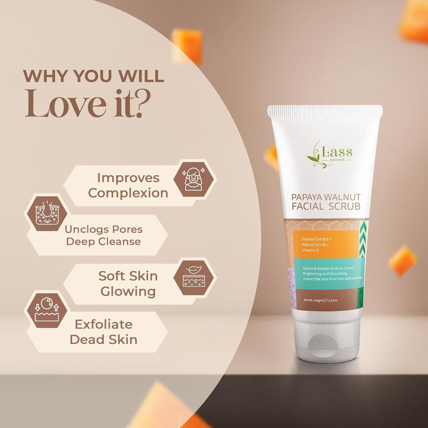 Lass Natural Papaya Walnut Facial Scrub with Papaya and Walnut 100GM